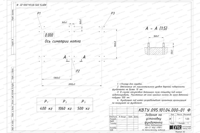 Котел на угле дровах 1.1 МВт с ОУР фундамент